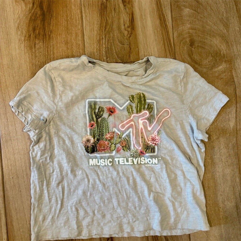 GAP T-Shirt Womens Size M Gray MTV Music Television Cactus Floral Logo